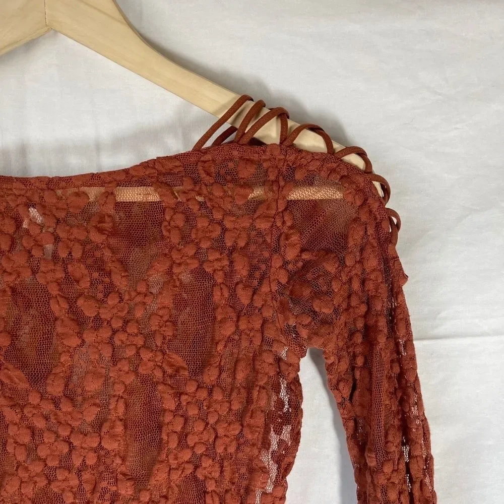 Intimately Free People Burnt Orange Lace Top Lattice‎ Tie Sleeves Sz XS